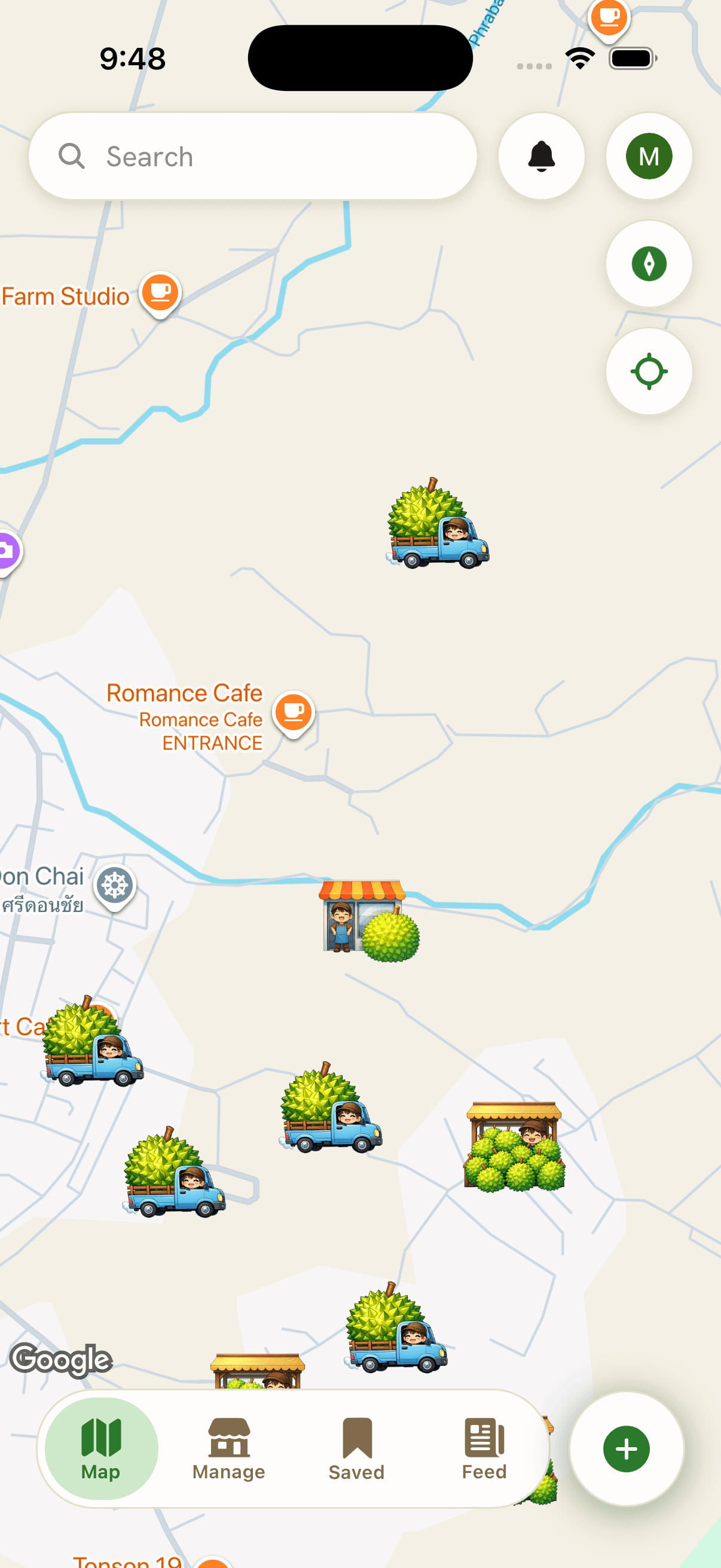 Durian trucks, stalls, and shops marked across a neighbourhood map