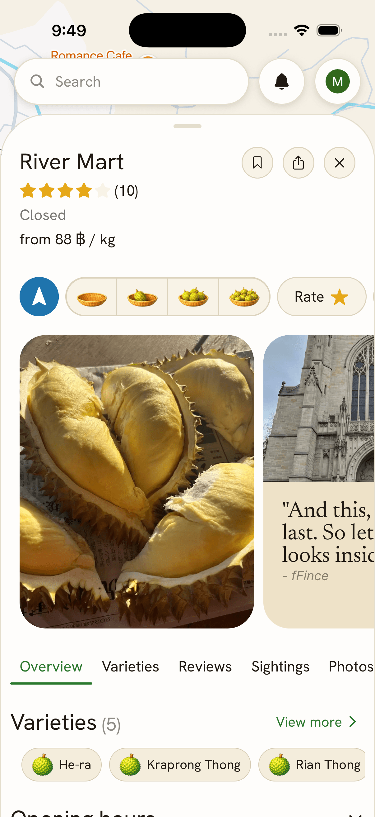 A store's details: rating, opening hours, price per kilo, and the varieties it carries