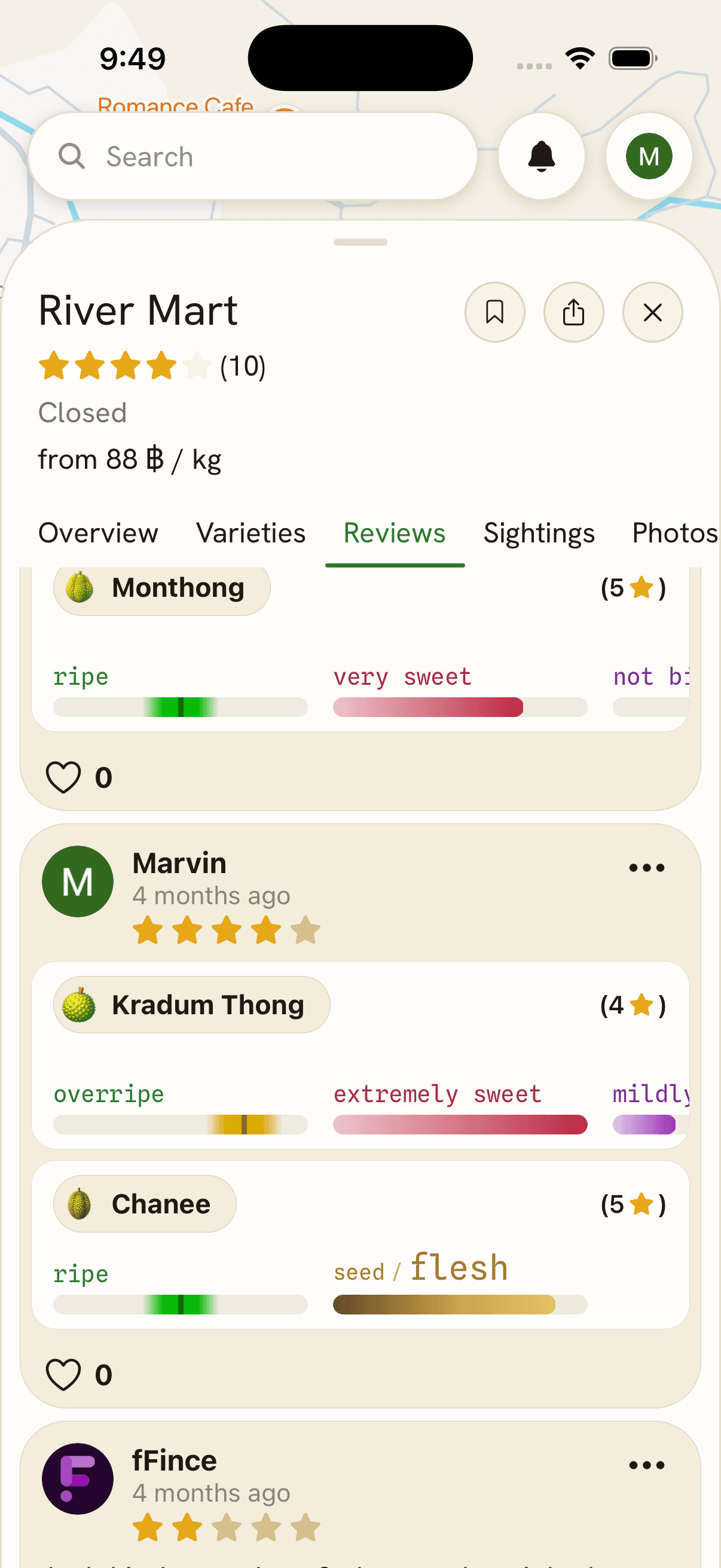 A review rating one variety for ripeness and sweetness on sliding scales